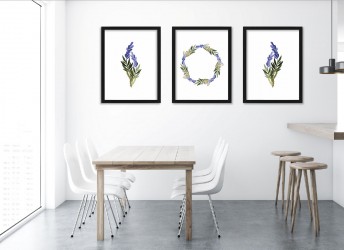 Zestaw plakatów na ścianę z minimalistyczną grafiką delikatnych kwiatów.