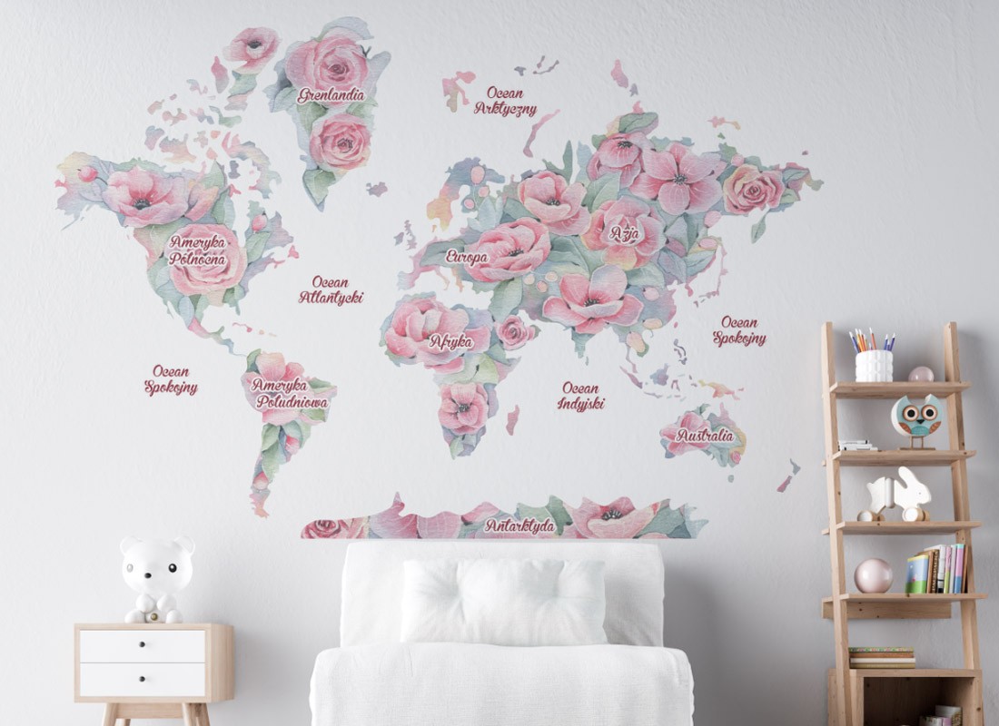 Naklejka mapa świata kwiaty