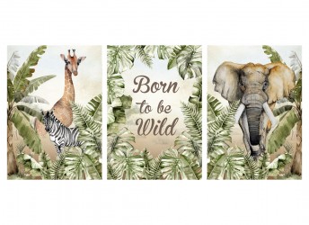 Zestaw trzech plakatów Born to be wild przedstawiających żyrafę, zebrę i słonia