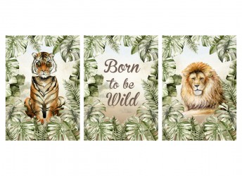 Zestaw trzech plakatów Born to be wild przedstawiających tygrysa i lwa w liściach monstery
