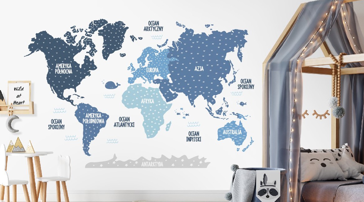 Mapy świata –  edukacyjne naklejki na ścianę dla dzieci i nastolatków